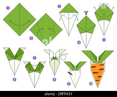 Tutorial Origami per bambini. Carota carota Origami. Illustrazione Vettoriale