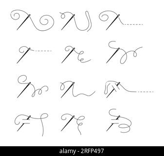 Ago con filettatura. Ago da cucire con icona filettata. Illustrazione vettoriale del simbolo della silhouette disegnata a mano. Ricamo, utensile artigianale per lo shopping. Illustrazione Vettoriale
