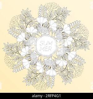 Sfondo floreale estivo a forma di corona. Per la progettazione di cartoline, brochure, volantini. Pagina da colorare Illustrazione Vettoriale