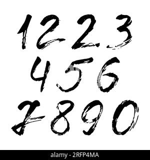 Set di numeri calligrafici dipinti da pennello nero su sfondo bianco isolato. Lettere per il progetto. Illustrazione Vettoriale