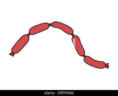 Salsicce elemento doodle vettoriale isolato. Illustrazione di alcune salsicce tradizionali insieme. Cibo semilavorato a base di carne. Disegnato a mano e colorato Illustrazione Vettoriale