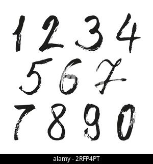 Set di numeri calligrafici dipinti da pennello nero su sfondo bianco isolato. Lettere per il progetto. Illustrazione Vettoriale