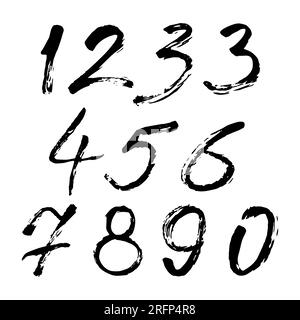 Set di numeri calligrafici dipinti da pennello nero su sfondo bianco isolato. Lettere per il progetto. Illustrazione Vettoriale