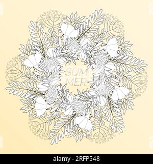 Sfondo floreale estivo a forma di corona. Per la progettazione di cartoline, brochure, volantini. Pagina da colorare. Illustrazione Vettoriale