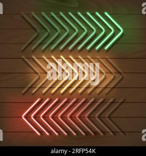 Frecce verdi, gialle e rosse al neon su una parete di legno. Illustrazione vettoriale. Illustrazione Vettoriale