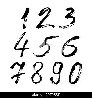 Set di numeri calligrafici dipinti da pennello nero su sfondo bianco isolato. Lettere per il progetto. Illustrazione Vettoriale