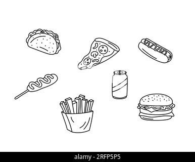 Set di doodle vettoriali fast food. Elementi Fastfood isolati neri su sfondo bianco. Immagine disegnata a mano di hot dog, patatine fritte e cheeseburger Illustrazione Vettoriale