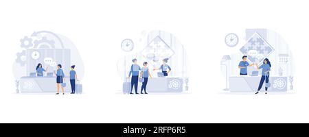 Reception dell'hotel, cliente di sesso maschile che si trova alla reception e parla con una receptionist donna. impostare l'illustrazione moderna a vettore piatto Illustrazione Vettoriale