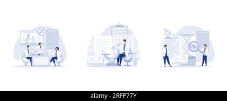 Laboratorio medico, esperimento di ricerca biologia concetto molecolare. analisi chimiche di laboratorio, set di illustrazioni moderne a vettore piatto Illustrazione Vettoriale