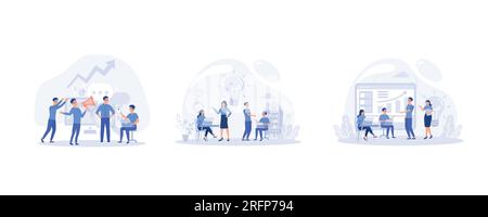 Persone che lavorano personaggi dei cartoni animati alla ricerca di nuove idee, che lavorano insieme in azienda, assistente online al lavoro, creano illustrazioni moderne a vettore piatto Illustrazione Vettoriale