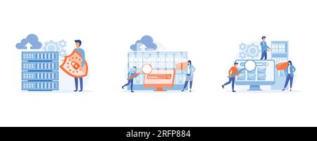 Concetto di database protetto, archiviazione sicura dei dati utente, archiviazione organizzata. database elettronico, impostare l'illustrazione moderna a vettore piatto Illustrazione Vettoriale