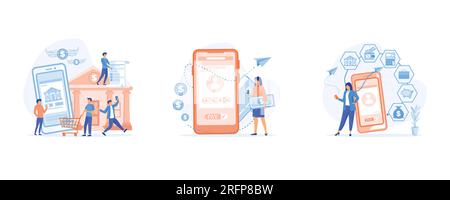 Servizi bancari digitali, mobile banking e gestione finanziaria. Internet banking paga bollette online, acquisti e transazioni online, imposta mod. Vettoriale flat Illustrazione Vettoriale