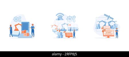Industria intelligente, produzione innovativa. Flusso di lavoro con un dispositivo intelligente, ingegnere che lavora con un'interfaccia interattiva, imposta illustrati moderni vettoriali piatti Illustrazione Vettoriale