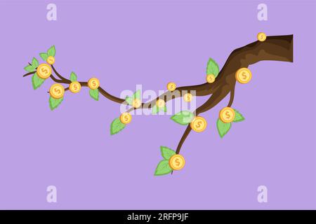 Disegno grafico piatto con simbolo del dollaro appeso al ramo dell'albero. Icona del logo Money Tree. Banconote in contanti verdi con monete d'oro. Concetto di ritorno m Foto Stock