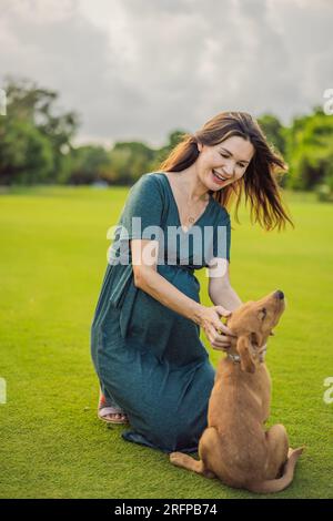 Una donna incinta serena e radiosa dopo il 40 e il suo cane, circondati dalla bellezza della natura nel parco, adorano il viaggio della maternità con un Foto Stock