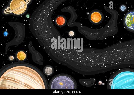 Vector Fantasy Space Chart, poster astronomico orizzontale con illustrazioni di vari pianeti colorati e cintura di asteroidi nello spazio profondo, decorativo c Illustrazione Vettoriale
