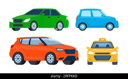 Vista laterale dei veicoli. Taxi, mini auto, suv. Icone del trasporto automatico in città. Set vettoriale di progettazione automobilistica. Oggetti di trasporto urbano isolati su bianco Illustrazione Vettoriale