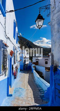 Scoprite la tranquillità nella vista panoramica mozzafiato della città azzurra di Chefchaouen. Foto Stock