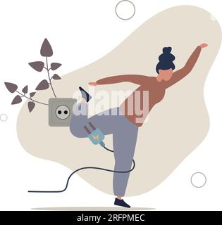 Guasto o errore, incidente o problema a sorpresa che influisce sul concetto aziendale, donna d'affari maldestra inciampata con la spina elettrica del cavo di alimentazione che cade Illustrazione Vettoriale