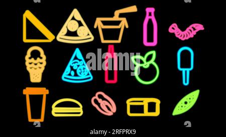Set di 15 icone luminose e multicolori al neon di piatti deliziosi e spuntini per il bar-caffetteria del ristorante: Panini, bibite gassate, pizza, noodle, gamberi, b Illustrazione Vettoriale