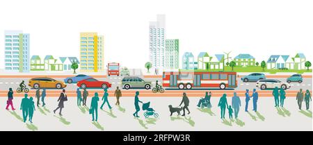 Silhouette urbana di una città con traffico e pedoni, illustrazione Illustrazione Vettoriale