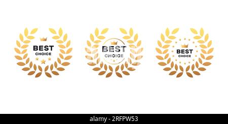 Set di distintivi BEST seller, BEST choice, BEST price, BEST Quality. Logo dorato con corona di alloro. Illustrazione vettoriale. Testo grigio scuro su bac bianco Illustrazione Vettoriale