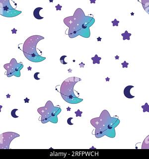 Colore carino motivo senza cuciture di luna blu e viola con stelle su sfondo bianco, perfetto per decorazioni e stampe. Illustrazione Vettoriale