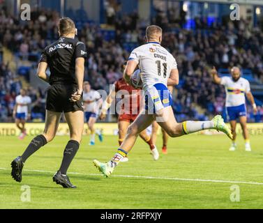 Warrington, Cheshire, Inghilterra 4 agosto 2023. Warrington Wolves Ben Currie corre per segnare la meta durante i Warrington Wolves V Catalans Dragons all'Halliwell Jones Stadium, la Betfred Super League, Warrington (Credit Image: ©Cody Froggatt/Alamy live news) Foto Stock