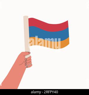 Mano che regge la bandiera della Repubblica d'Armenia. Strisce rosse, blu e arancioni. Illustrazione vettoriale isolata per la progettazione. Illustrazione Vettoriale