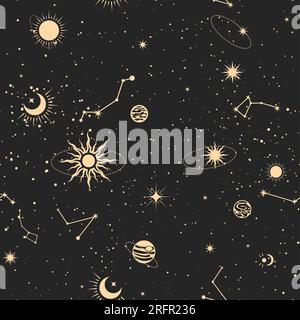 Schema spaziale senza cuciture con stelle, sfondo cosmo in stile tarocchi, cielo magico astrologico, ornamento esoterico astratto, vettore Illustrazione Vettoriale