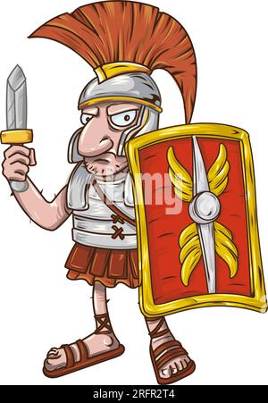 Cartoon roman centurione con spada e scudo. illustrazione vettoriale Illustrazione Vettoriale