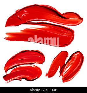 Set di tratti di vernice a olio in grassetto rosso. Macchie di vernice. Illustrazione Vettoriale
