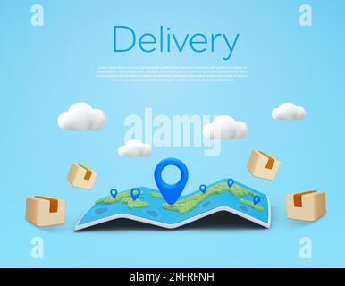 mappa del mondo 3d con icone di marcatura, scatole di carico, nuvole, isolate sullo sfondo. Modello di banner per consegna e trasporto, shopping, spedizione globale e illustrazione del vettore logistico. Illustrazione vettoriale Illustrazione Vettoriale