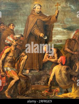 GENOVA, ITALIA - 6 MARZO 2023: Il dipinto di San Francesco Solano battezza gli indiani nella basilica della Santissima Annunziata del Vastato Foto Stock