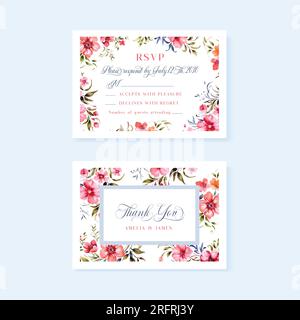 Biglietti per matrimoni e ringraziamenti floreali, design con fiori vintage ad acquerello. Illustrazione Vettoriale