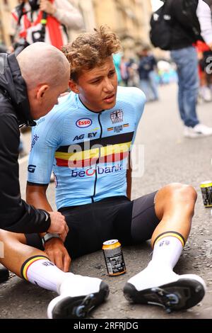 Glasgow, Regno Unito. 5 agosto 2023. Il belga gente Sentjens nella foto dopo la gara maschile junior su strada ai Campionati del mondo di ciclismo UCI, a Glasgow, in Scozia, sabato 05 agosto 2023. L'UCI organizza i mondi con tutte le discipline ciclistiche, ciclismo su strada, ciclismo al chiuso, mountain bike, corse BMX, Paracycling su strada e paracycling al coperto, a Glasgow dal 05 al 13 agosto. BELGA PHOTO DAVID PINTENS Credit: Belga News Agency/Alamy Live News Foto Stock