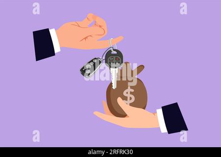 Disegno in stile cartone animato del concetto di noleggio auto o vendita, logo, icona, modello. La mano dell'agente tiene la chiave dell'auto, la mano dell'acquirente tiene la borsa di denaro d'oro. Comprare Foto Stock