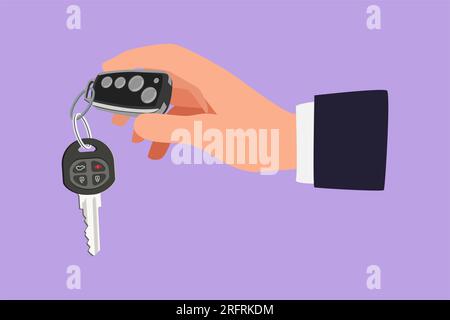 Disegno piatto del carattere del logo della chiave dell'auto, icona, etichetta, simbolo. Tema di vendita delle auto. Mano del responsabile delle vendite di auto tenendo la chiave isolata su b Foto Stock