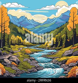 Illustrazione fumettistica disegnata a mano dalle Great Smoky Mountains. Great Smoky Mountains. Illustrazione di cartoni animati in stile doodle vettoriale Illustrazione Vettoriale