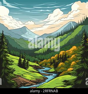 Illustrazione fumettistica disegnata a mano dalle Great Smoky Mountains. Great Smoky Mountains. Illustrazione di cartoni animati in stile doodle vettoriale Illustrazione Vettoriale