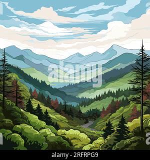 Illustrazione fumettistica disegnata a mano dalle Great Smoky Mountains. Great Smoky Mountains. Illustrazione di cartoni animati in stile doodle vettoriale Illustrazione Vettoriale