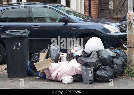 Slough, Berkshire, Regno Unito. 3 agosto 2023. Bidoni e sacchetti neri fuori casa a Slough, Berkshire. Slough Borough Council (SBC) ha recentemente introdotto una modifica alle collezioni di cestini dei residenti al fine di incoraggiare i residenti a riciclare di più. I contenitori grigi con rifiuti generici, compreso il cibo, vengono ora raccolti una volta ogni due settimane piuttosto che una volta alla settimana, con il riciclaggio in contenitori rossi, che vengono raccolti nella settimana alternata. Alcuni residenti di Slough stanno ora segnalando problemi con i vermi e gli odori di rifiuti non raccolti lasciati sulle strade, che probabilmente peggioreranno solo una volta che le temperature Foto Stock