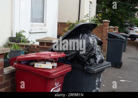 Slough, Berkshire, Regno Unito. 3 agosto 2023. Bidoni e sacchetti neri fuori casa a Slough, Berkshire. Slough Borough Council (SBC) ha recentemente introdotto una modifica alle collezioni di cestini dei residenti al fine di incoraggiare i residenti a riciclare di più. I contenitori grigi con rifiuti generici, compreso il cibo, vengono ora raccolti una volta ogni due settimane piuttosto che una volta alla settimana, con il riciclaggio in contenitori rossi, che vengono raccolti nella settimana alternata. Alcuni residenti di Slough stanno ora segnalando problemi con i vermi e gli odori di rifiuti non raccolti lasciati sulle strade, che probabilmente peggioreranno solo una volta che le temperature Foto Stock