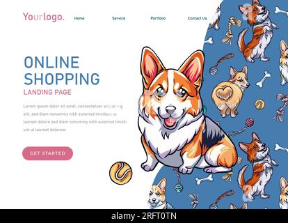 Design della landing page per l'assistenza diurna dei cani. Modello di sfondo moderno della home page del sito Web. Illustrazione Vettoriale
