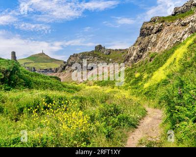 Kenidjack Valley e Cape Cornwall, Cornovaglia, Regno Unito. La valle può essere raggiunta dal South West Coast Path, ed è piena di testimonianze dello stagno della Cornovaglia... Foto Stock