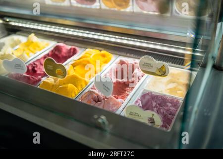 I gusti dei gelati sono esposti in vendita sotto forma di piatti estivi esposti in vassoi di metallo Foto Stock