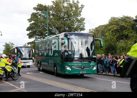 Dublino, Irlanda. 5 agosto 2023. 5 agosto 2023; Aviva Stadium, Dublino, Irlanda: Summer International Rugby, Irlanda contro Italia; l'autobus della squadra irlandese arriva all'Aviva Stadium Credit: Action Plus Sports Images/Alamy Live News Foto Stock