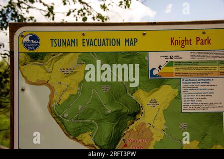 Mappa di avvertimento dello tsunami lungo la costa dell'Oregon Foto Stock