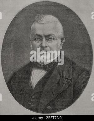 Louis-Adolphe Thiers (1797-1877). Statista e storico francese. Presidente della terza Repubblica dal 1871 al 1873. Thiers negoziò la pace con la Prussia e sconfisse la comune di Parigi, movimento insurrezionale nel 1871. Ritratto. Incisione. "Historia de la Guerra Franco-Alemana de 1870-1871". Pubblicato a Barcellona, 1891. Foto Stock