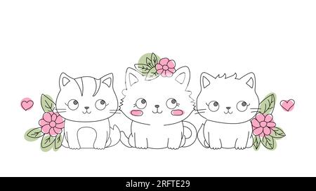 Tre graziosi gattini seduti fianco a fianco nell'erba e nei fiori. Linee bianche e nere, lanciate. Vettoriale banner disegno a mano Cartoon doodle. Tre gatti, tre migliori amici Illustrazione Vettoriale